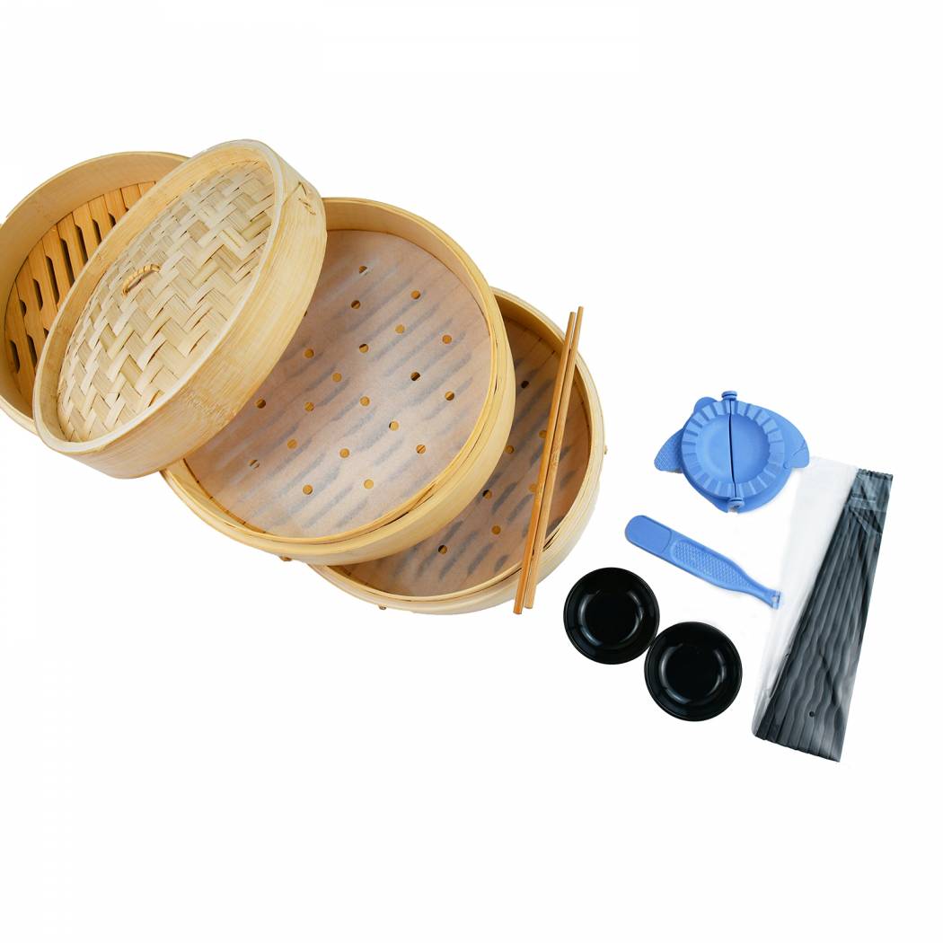 10 Inch 2 Tier Bamboo Steamer Basket Food Steamer Pot With Chopsticks Plate For Rice,Dumpling,Dim Sum,Seafood,Noodle